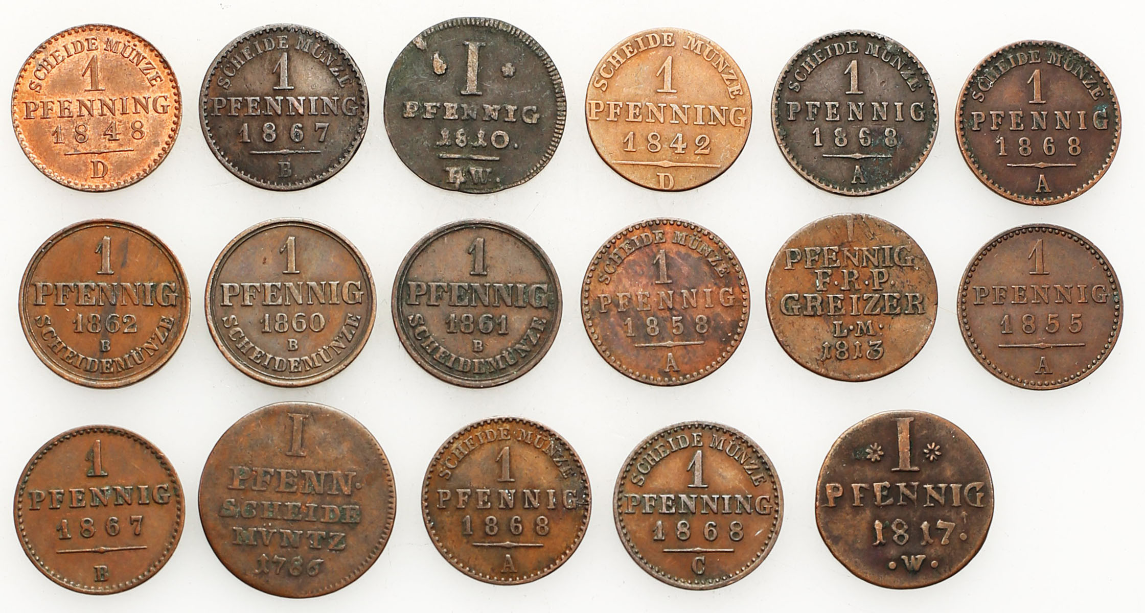 Niemcy. 1 fenig 1786 - 1868, zestaw 17 monet